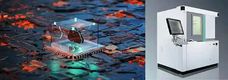 Ilmuwan memegang sampel material detektor sinar-X baru yang bersinar hijau di laboratorium.